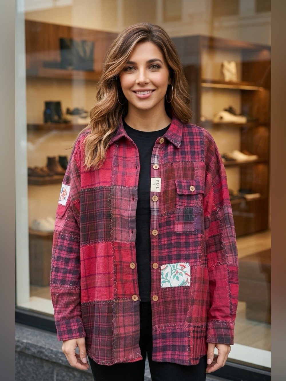 POL NWT Vintage Oversized Red Plaid Patchwork Stitch Button-Down Flannel Shirt